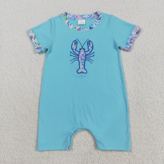 Baby Boy Short Sleeves Embroidery Floral Crayfish Blue Romper RTS