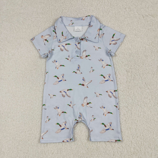 Baby Boy Short Sleeves Buttons Ducks Blue Romper RTS