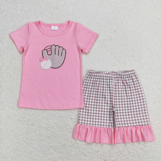 Baby Girl Pink Short Sleeves Embroidery Baseball Shirt Plaid Shorts Set