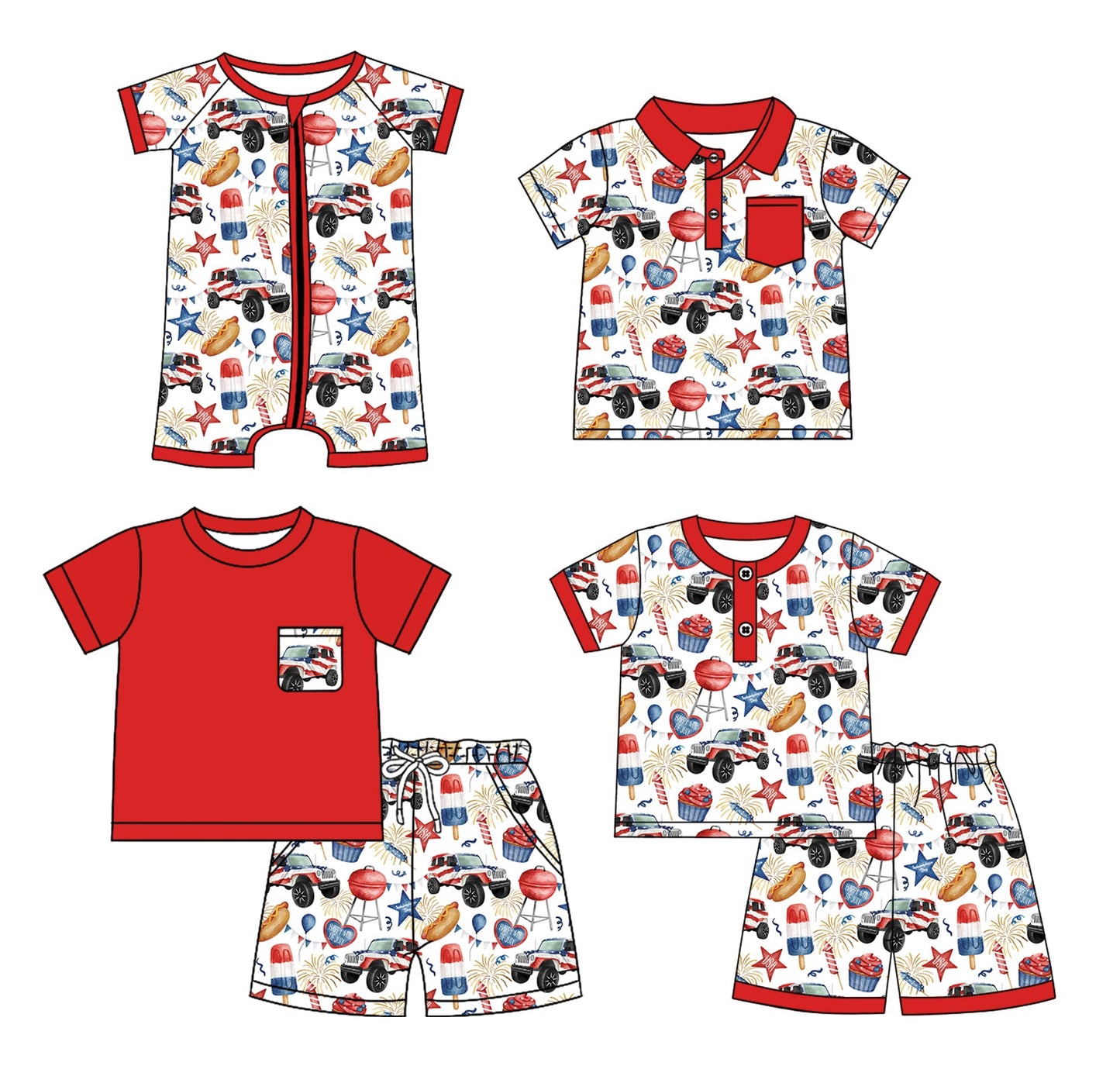 ( Moq 5 Each Style ) Baby Boy Short Sleeves 4th Of July Trucks Sibling Romper Shirt Set 3.28