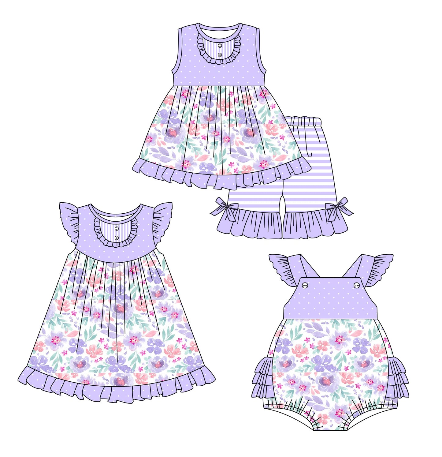 Baby Girl Flower Purple Dots Sibling Romper Dress Set ( Moq 5 Each Style ) 2.18