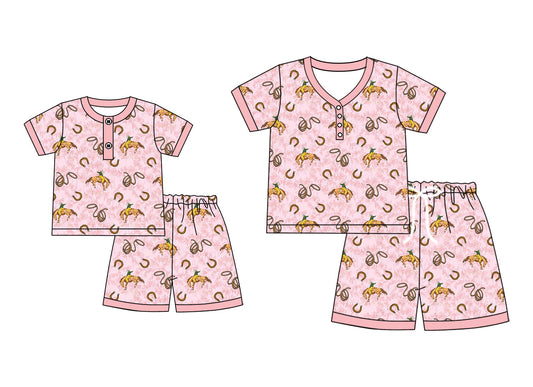 ( Moq 5 Each Style ) Baby Girl Adult Women Western Rodeo Buttons Sibling Summer Mommy And Me Family Pink Pajamas Set 4.21