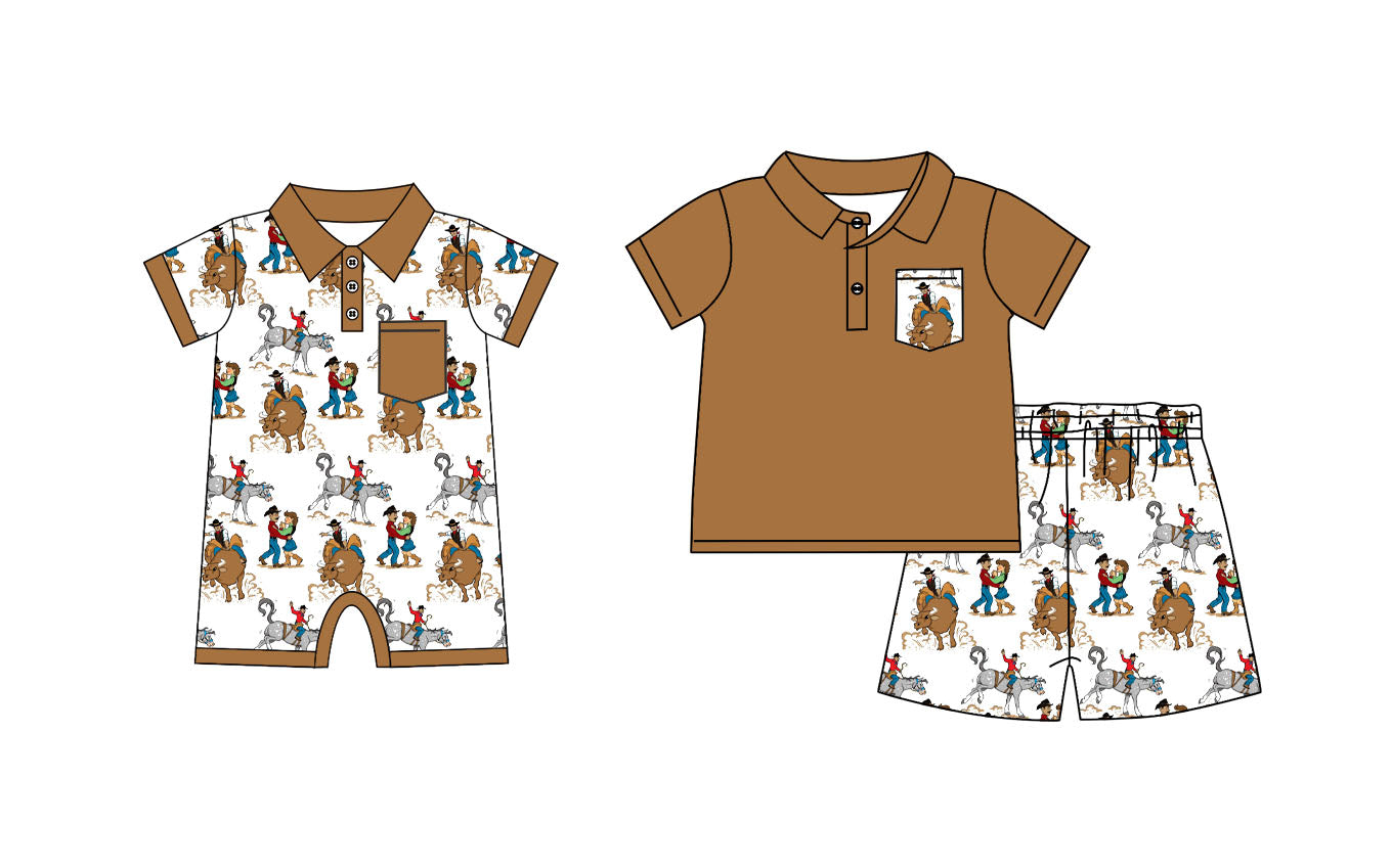 Baby Boy Short Sleeves Western Rodeo Brown Sibling Romper Set ( Moq 5 Each Design ) 12.16