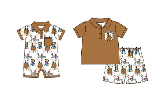 Baby Boy Short Sleeves Western Rodeo Brown Sibling Romper Set ( Moq 5 Each Design ) 12.16