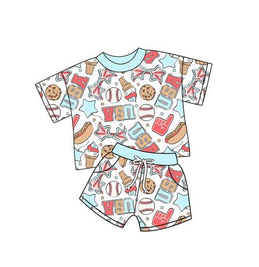 Baby Girl Short Sleeves July 4th Baseball Shirt Shorts Set ( Moq 5 ) 12.31