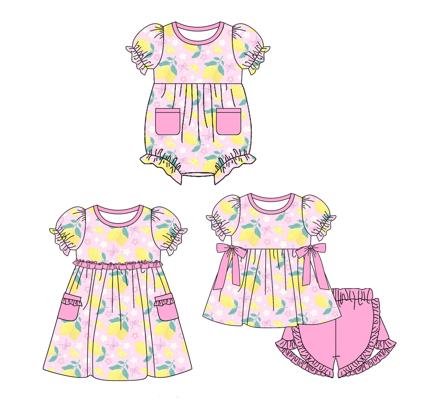 ( Moq 5 Each Style ) Baby Girl Short Sleeves Lemons Flower Bows Sibling Romper Dress Set 3.24