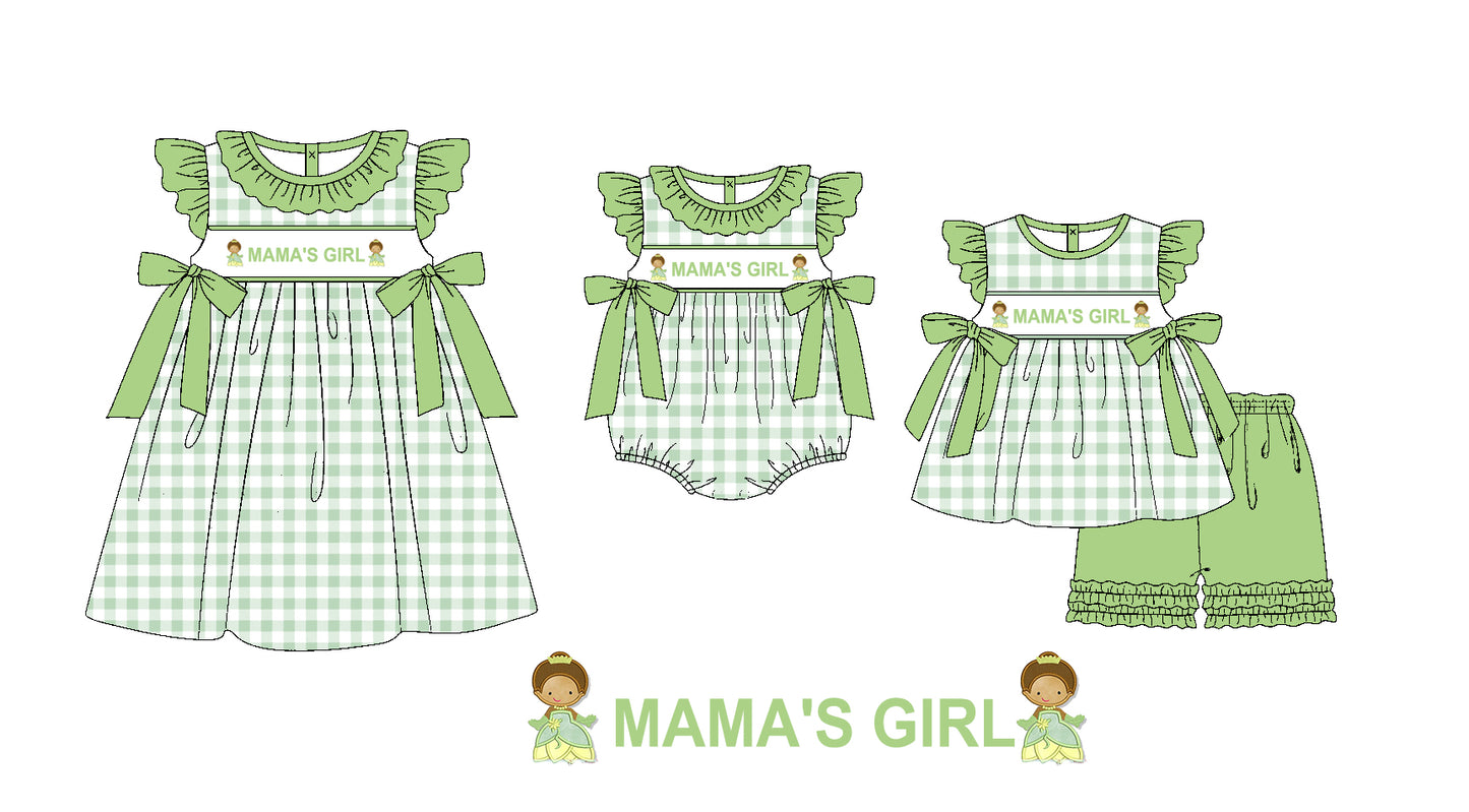Baby Kids Mama's Girl Green Bows Sibling Princess Romper Dress Clothes Set ( Moq 5 Each Design )11.19