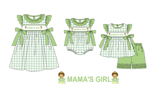 Baby Kids Mama's Girl Green Bows Sibling Princess Romper Dress Clothes Set ( Moq 5 Each Design )11.19