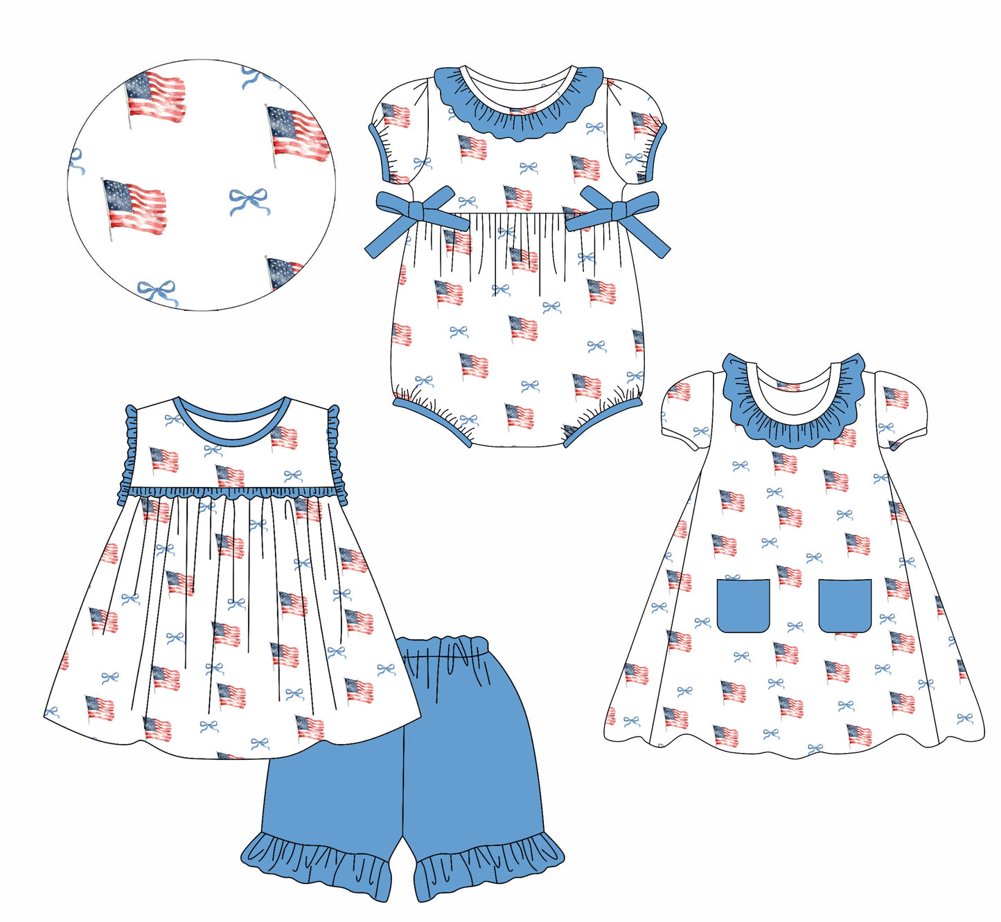 Baby Girl July 4th Flags Bows Sibling Romper Dress Set ( Moq 5 Each Style ) 2.21