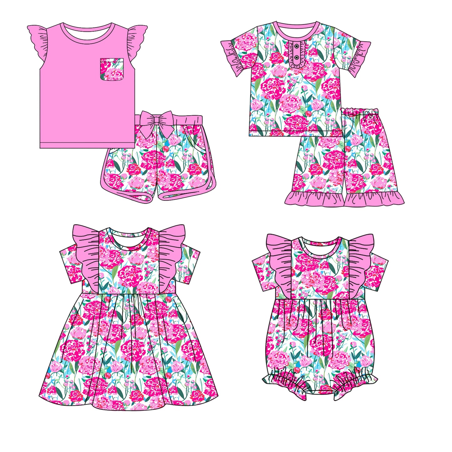 Baby Girl Short Sleeves Flower Sibling Romper Dress Set ( Moq 5 Each Style ) 12.18
