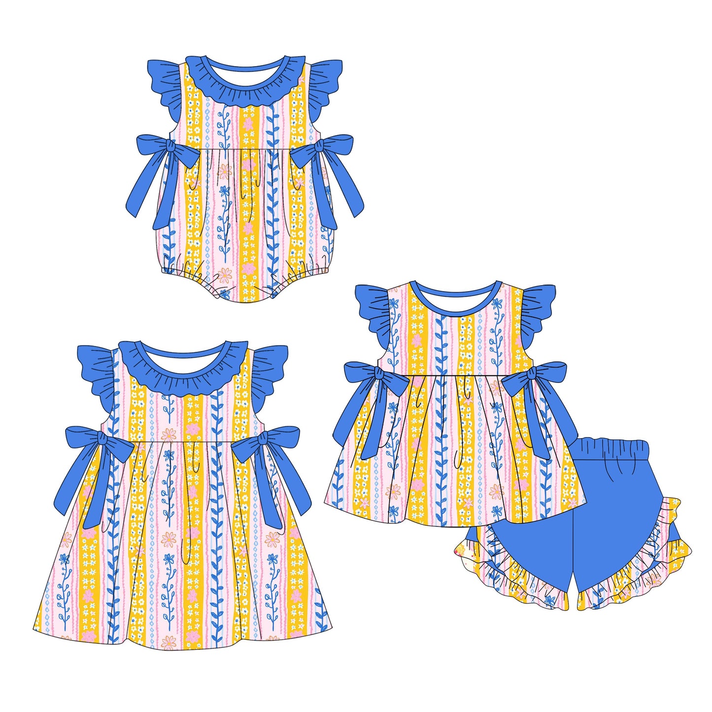 ( Moq 5 Each Style ) Baby Girl Short Sleeves Blue Bows Floral Sibling Romper Dress Set 3.22