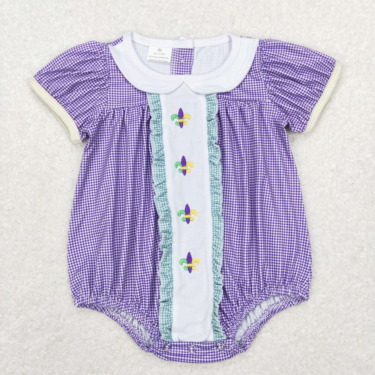 SR0471 Baby Girl Mardi gras Embroidery Short Sleeves Purple Plaid Romper