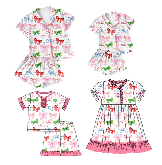 Baby Girl Toddler Adult Women Short Sleeves Bows Sibling Family Dress Pajamas Set ( Moq 5 Each Style ) 12.11