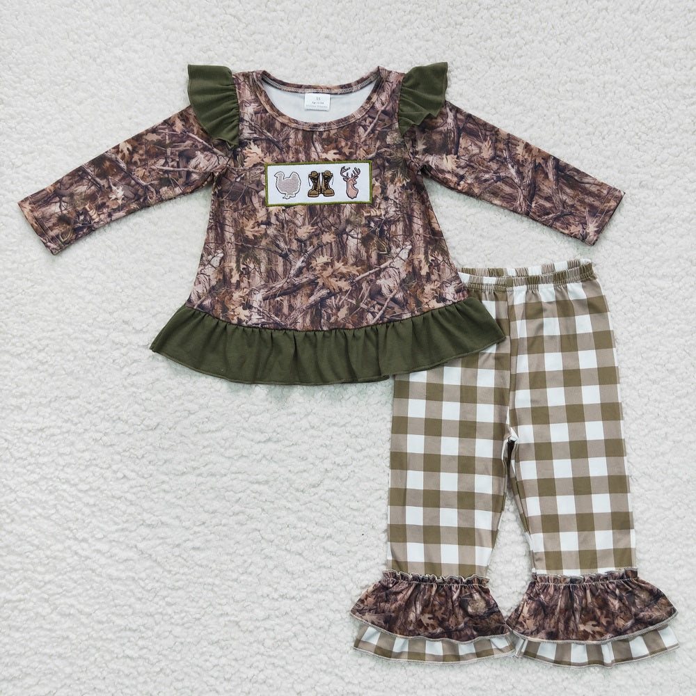 GLP0644 Baby Girl Long Sleeves Camo Duck Hunting Plaid Pants Pajamas Embroidery Outfit