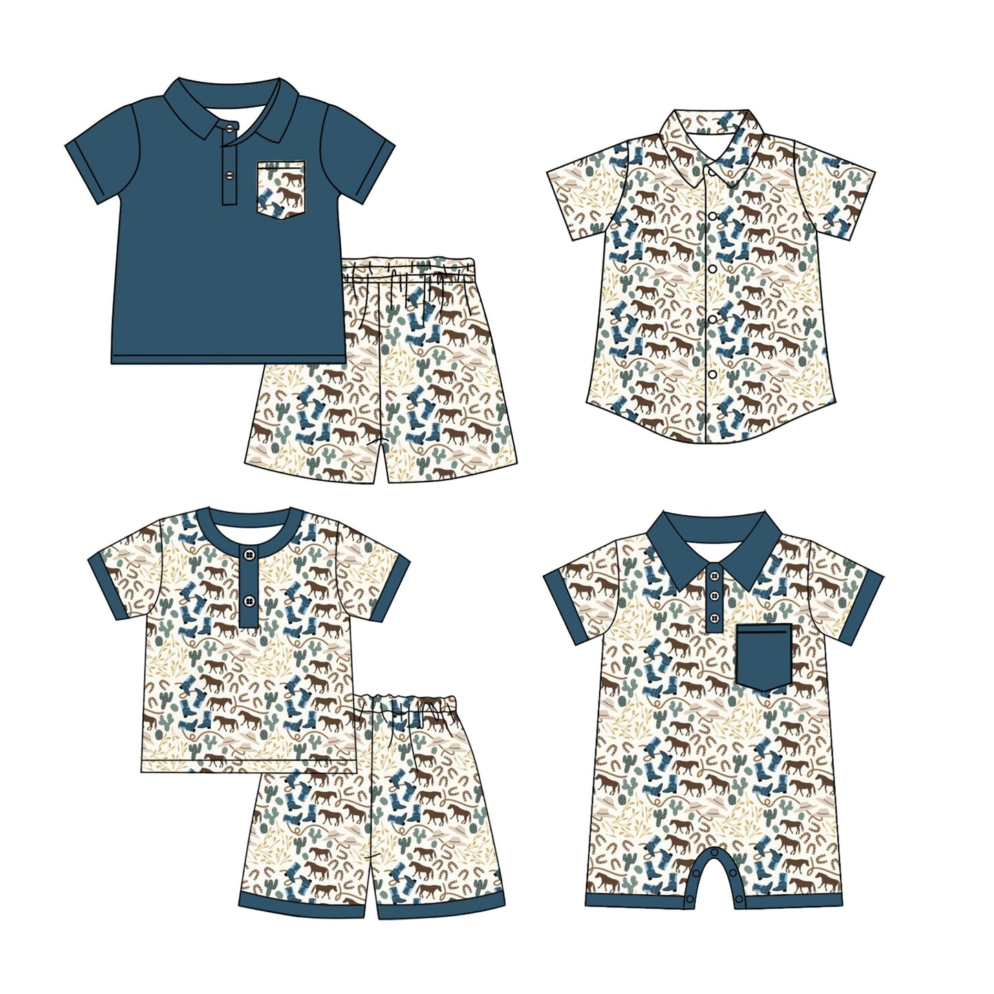 Baby Boy Short Sleeves Western Boots Cactus Sibling Romper Set ( Moq 5 Each Style ) 12.20