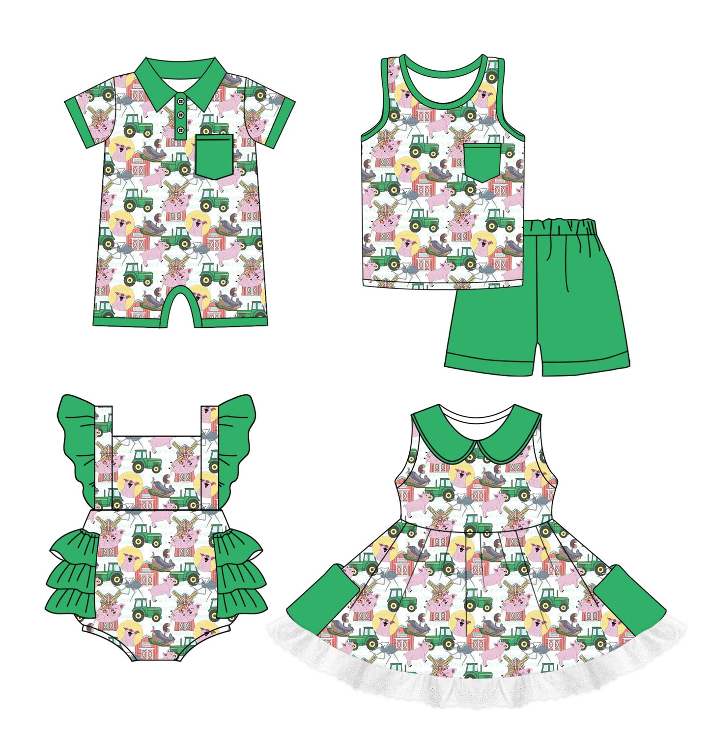 Baby Boy Girl Tractors Farm Animals Sibling Romper Dress Set ( Moq 5 Each Style ) 1.2
