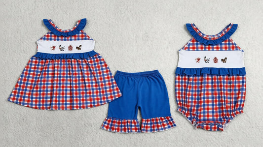 Sibling Baby Girls Embroidery Farm Animals Plaid Tops Shorts Set Romper 4th of July Clothes RTS