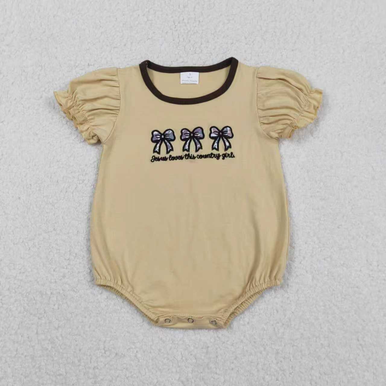 Sibling Girls Kids Short Sleeves Embroidery Jesus Love Me Bows Camo Romper Set RTS