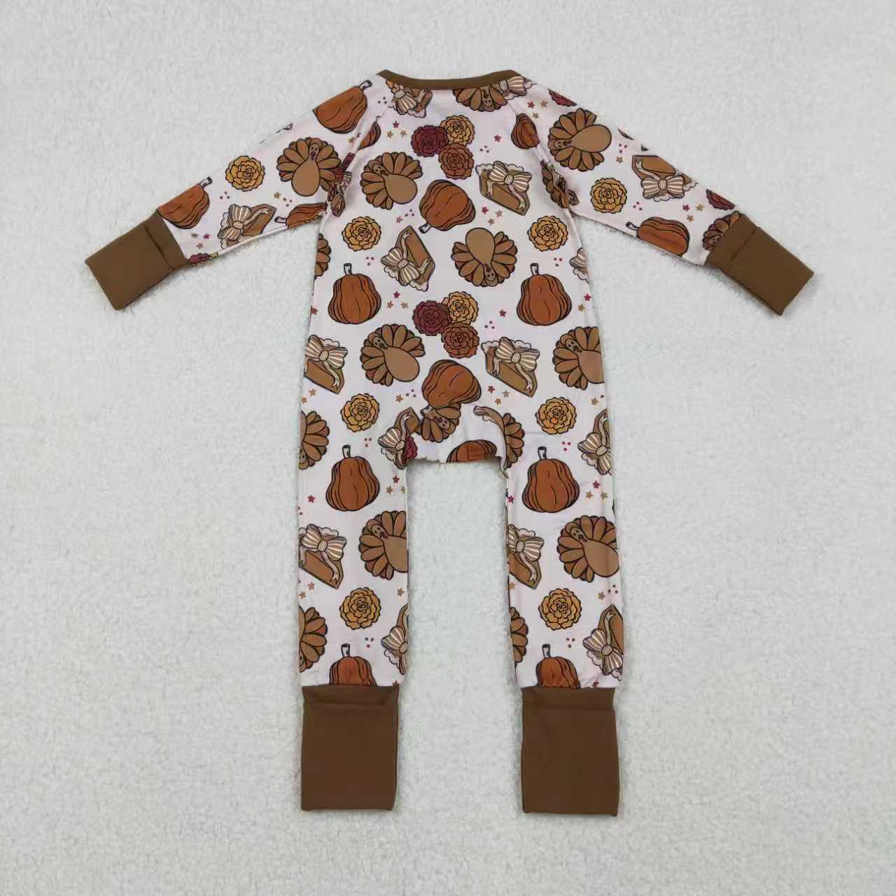 Sibling Girls Kids turkey Pumpkins turkey Bows Pie Fall Thanksgiving Zipper Footie Romper Pajamas Set RTS
