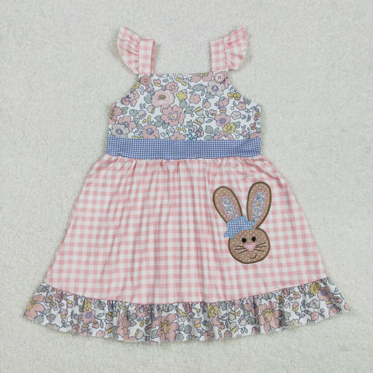 Baby Girl Short Sleeves Embroidery Easter Rabbits Floral Plaid Knee Length Dress