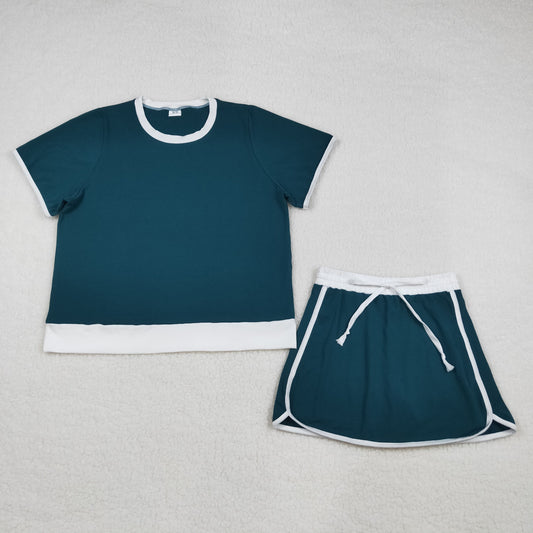 Adult Women Short Sleeves Shirt Shorts Green Cotton Clothes Set RTS