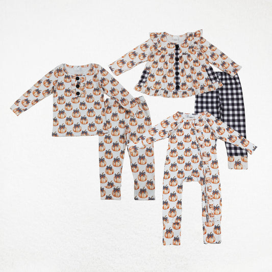 Sibling Baby Girl Long Sleeves Pumpkins Bows Zipper Romper Fall Set Clothes RTS