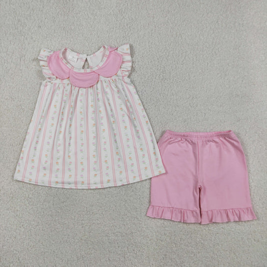 Baby Girls Kids Summer Floral Stripes Tunic Pink Ruffle Shorts Clothes Set RTS