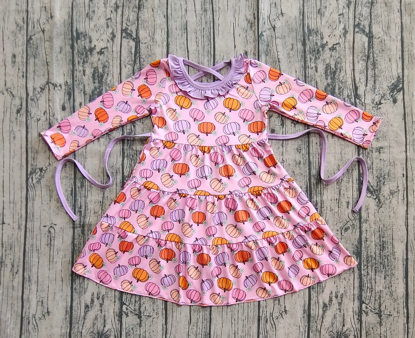 Baby Girl Long Sleeves Flower Pumpkins Knee Length Dress RTS