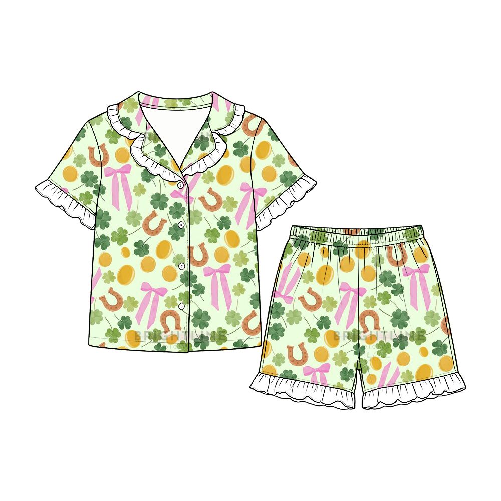 ( Moq 5 ) Preorder Baby Girls Kids Short Sleeves Bows Buttons Shirt Shorts Set Pajamas St Patrick Clothes