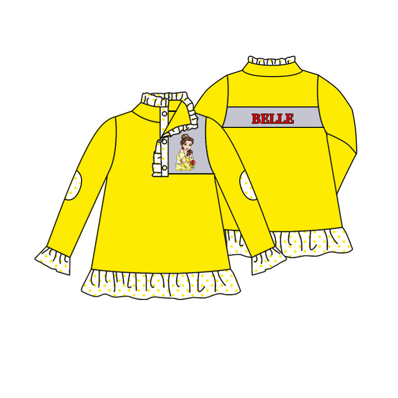 Baby Girl Long Sleeves Cartoon Princess Yellow Pullover Shirt Moq 5