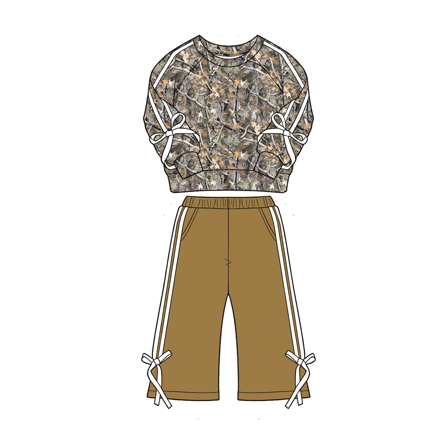 ( Moq 5 ) Preorder Baby Girls Kids Bows Long Sleeves Leaves Shirt Pockets Pants Set Camo Clothes