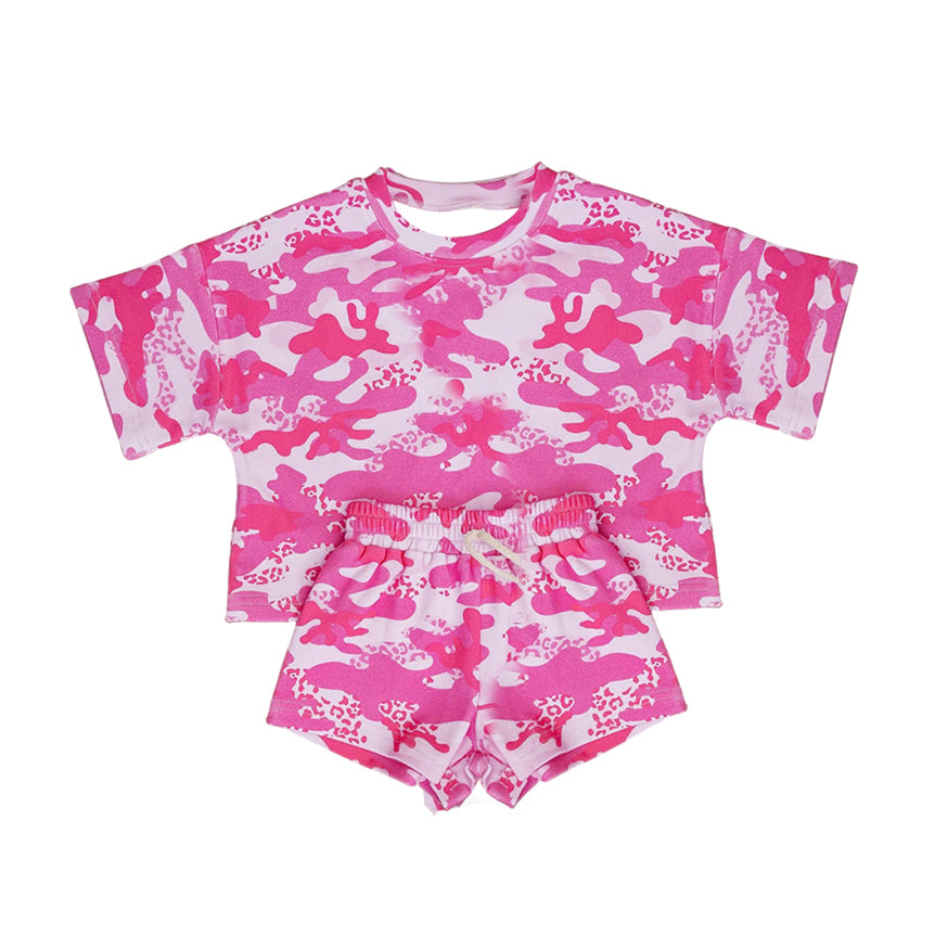 ( Moq 5 ) Preorder Baby Girl Kids Short Sleeves Pink Camo Shirt Shorts Set Summer Clothes