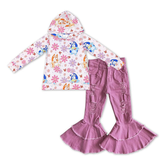GLP1112 Baby Girl Dogs Floral Hoodie Shirt Denim Pants Set