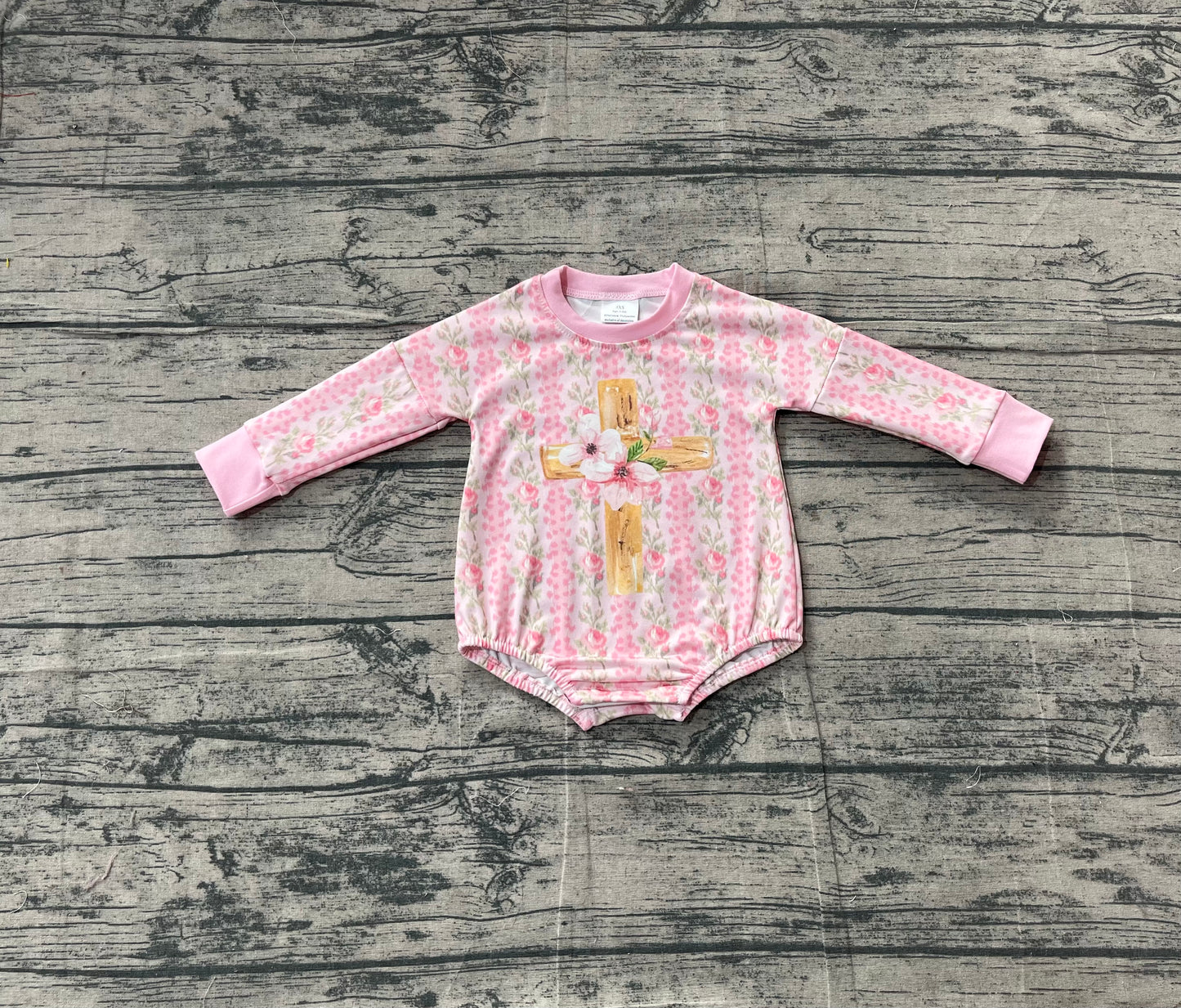 ( No moq ) Preorder Baby Girls Long Sleeves Cross Flower Easter Bubble Pink Romper