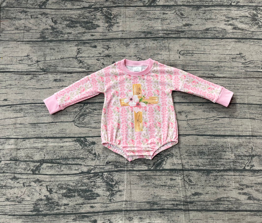 ( No moq ) Preorder Baby Girls Long Sleeves Cross Flower Easter Bubble Pink Romper