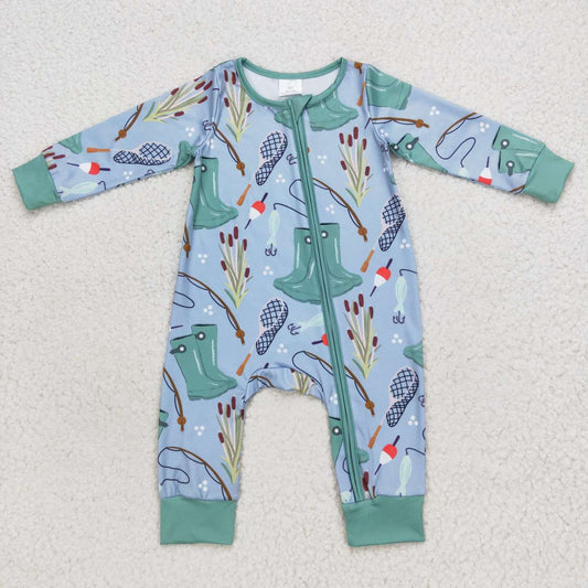 LR0664 Baby Boy Long Sleeves Fishing Zipper One Piece Romper