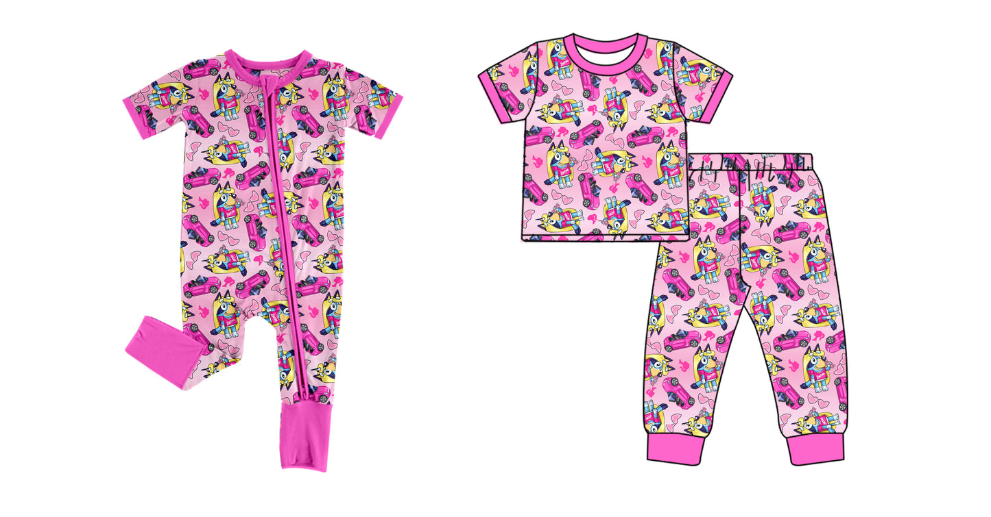 Baby Girl Short Sleeves Doll Dogs Sibling Pink Romper Clothes Set ( Moq 5 Each Design )11.23