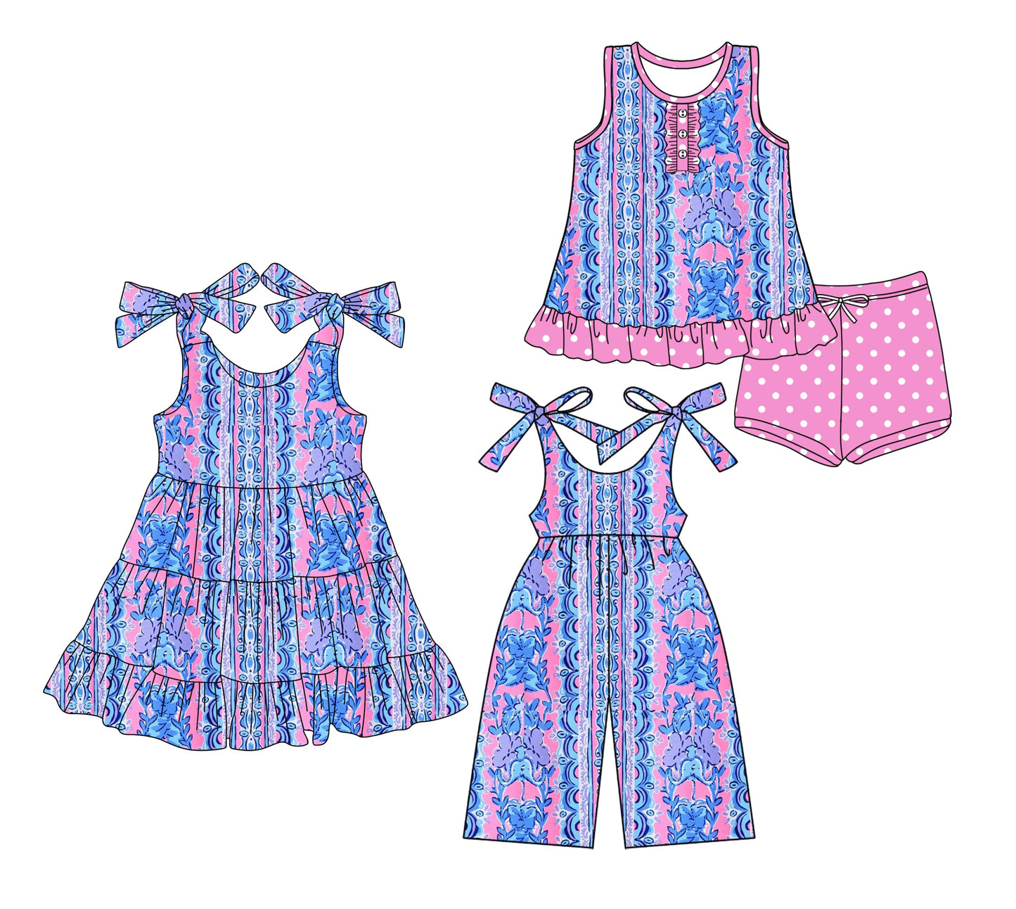 Baby Girl Straps Flower Purple Sibling Jumpsuit Dress Set ( Moq 5 Each Style ) 3.15