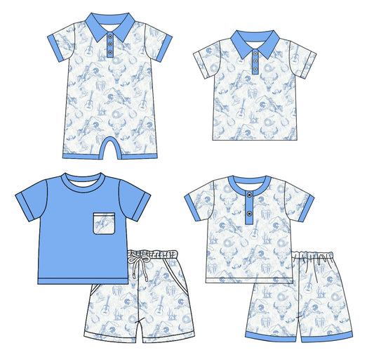 ( Moq 5 Each Style ) Baby Boy Western Cow Guitar Sibling Romper Shirt Set 4.18