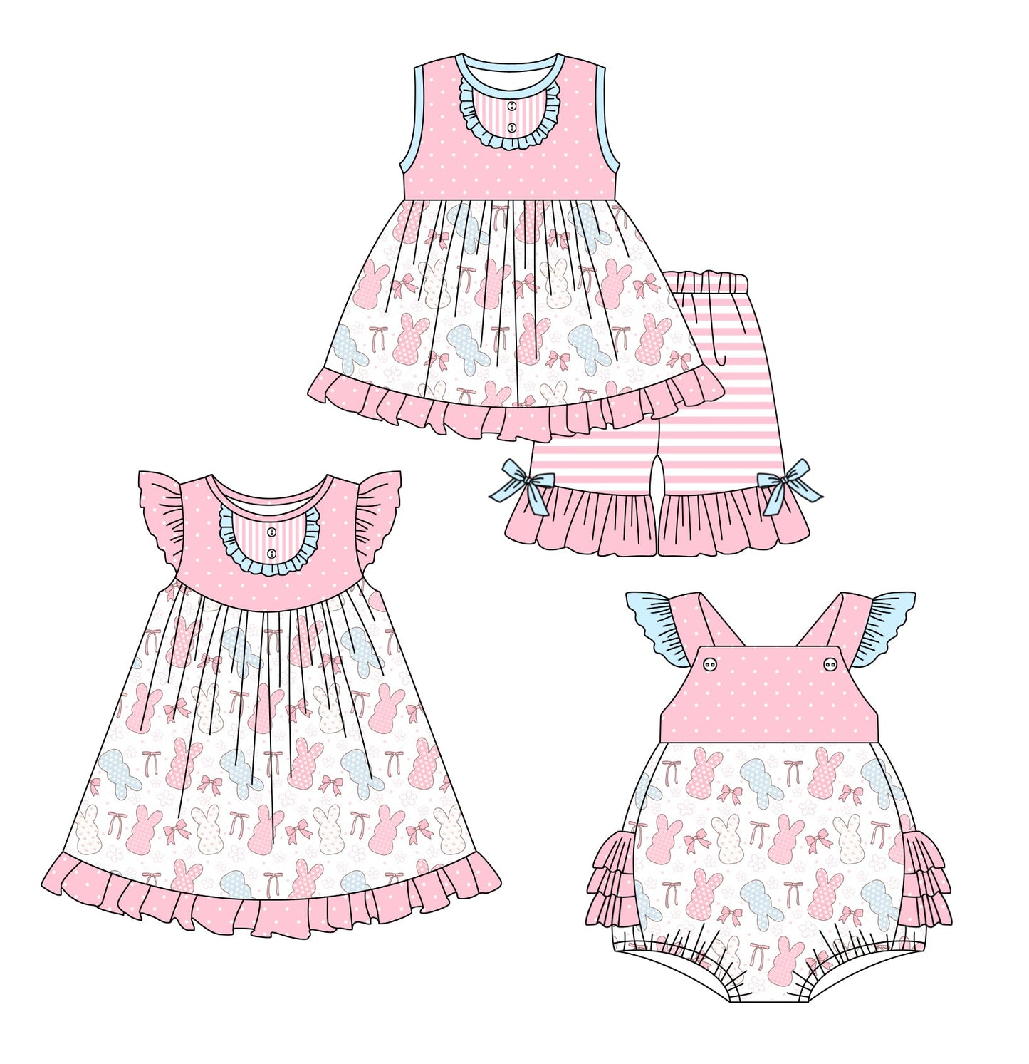 Baby Girl Easter Rabbits Bows Sibling Romper Dress Set ( Moq 5 Each Style ) 12.30