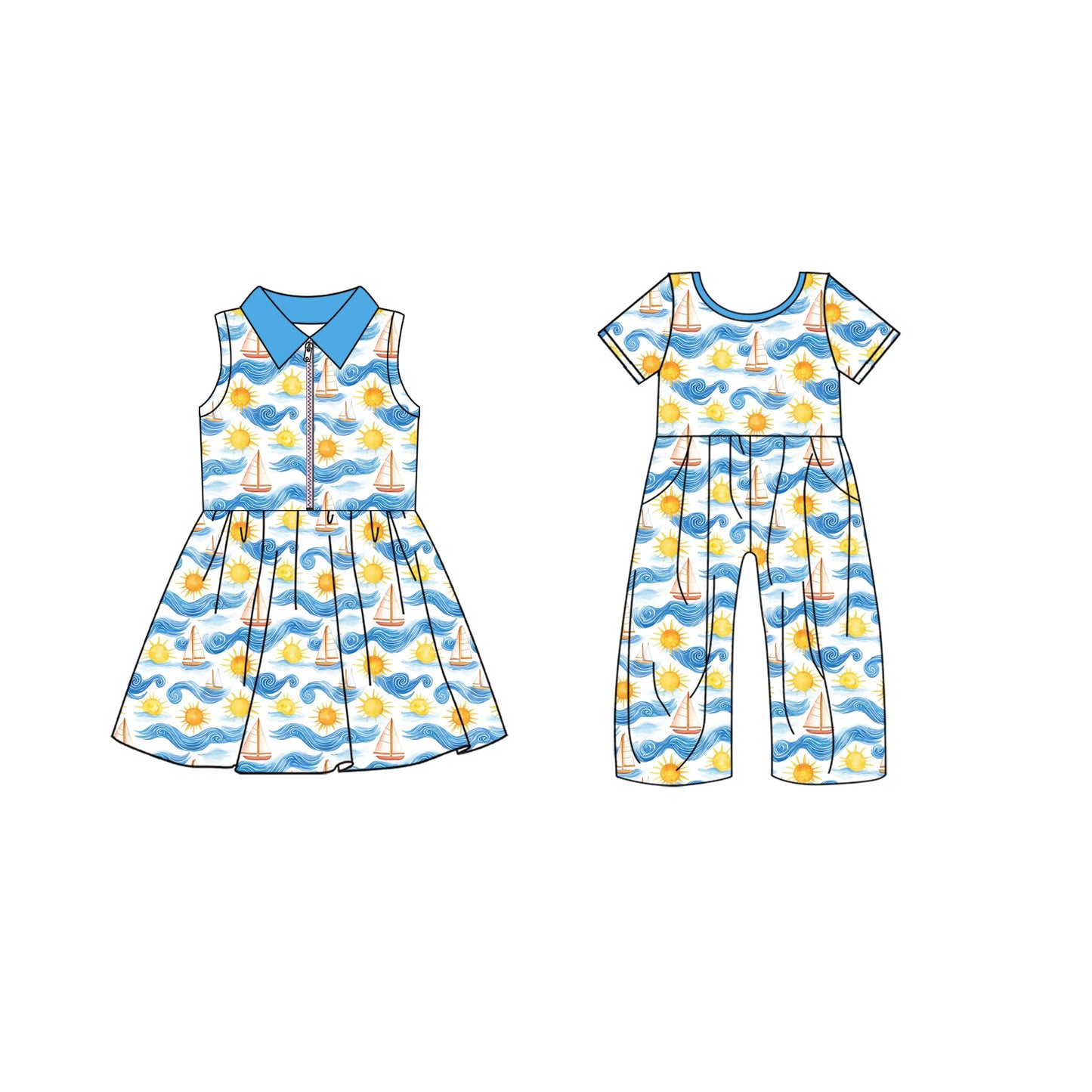 ( Moq 5 Each Style ) Baby Girl Boats Blue Sibling Summer Dress Jumpsuit 4.21