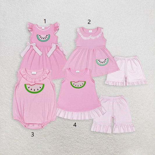 Baby Girl Sleeveless Embroidery Watermelon Pink Sibling Dress Set RTS