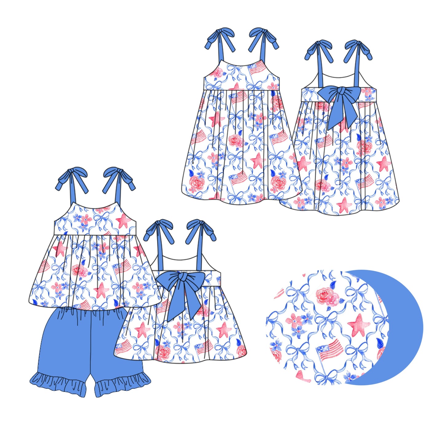 Baby Girl Flower Blue Bows Straps Sibling Dress Set ( Moq 5 Each Style ) 1.20