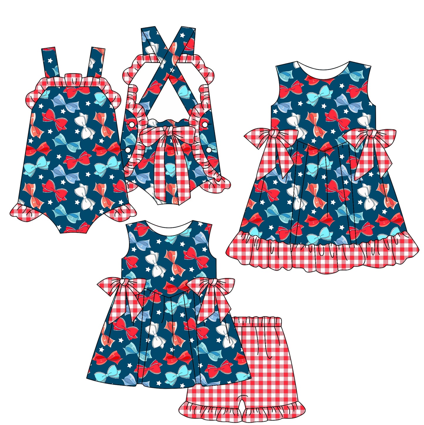 Baby Girl July 4th Bows Sibling Romper Dress Set ( Moq 5 Each Style ) 2.24