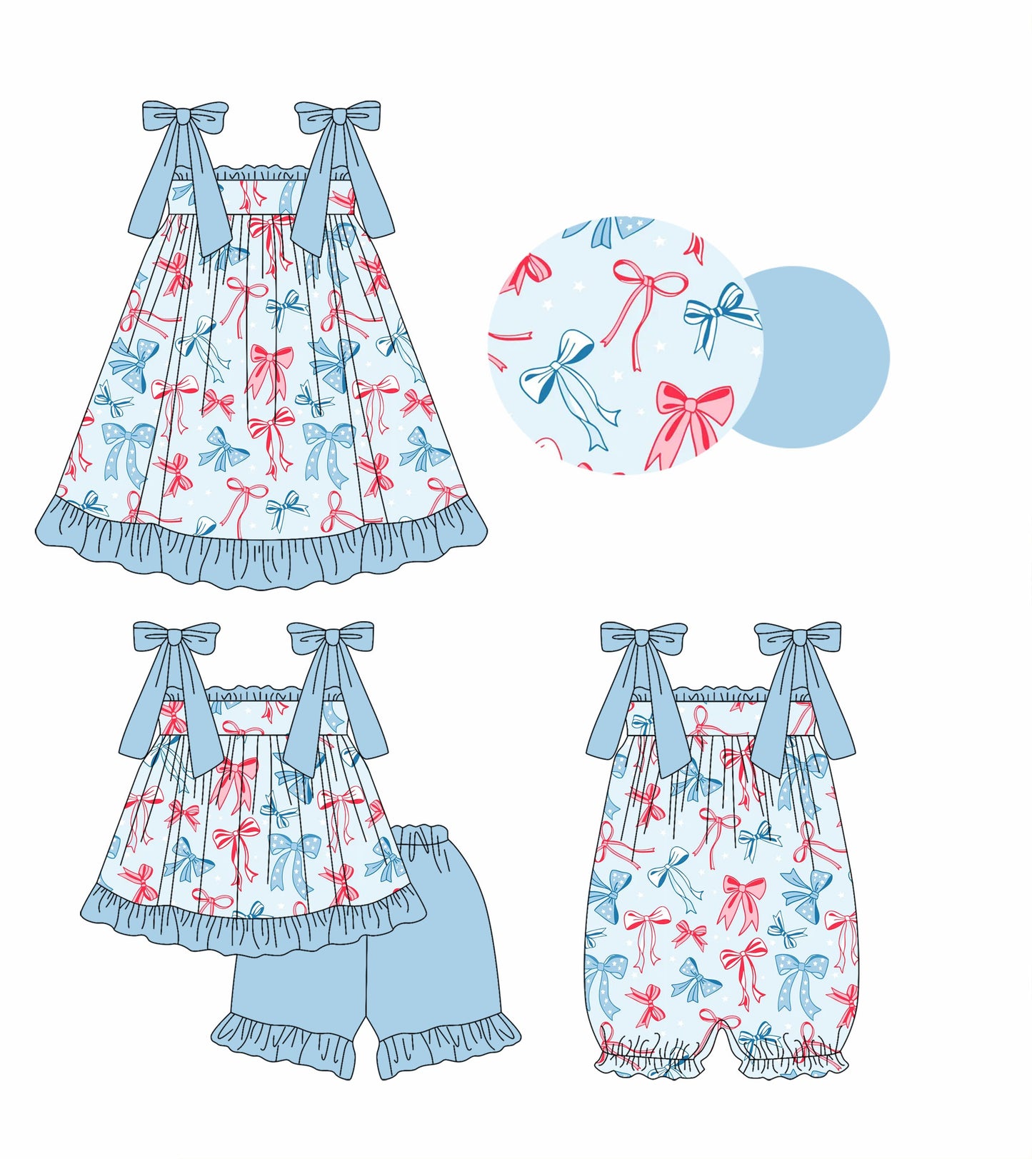 Baby Girl Straps July 4th Bows Sibling Romper Dress Set ( Moq 5 Each Style ) 2.11