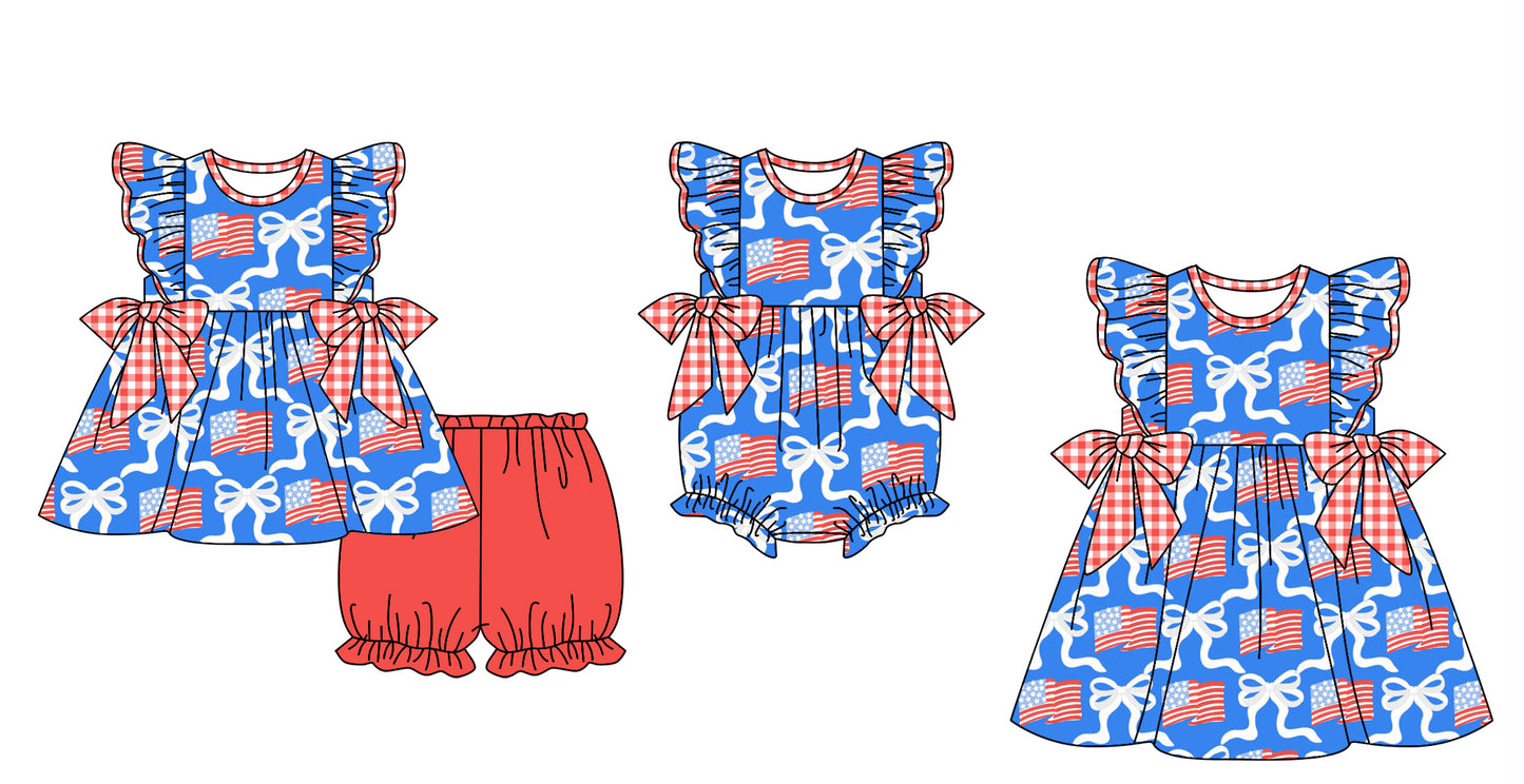 Baby Girl Bows Flags July 4th Sibling Romper Dress Clothes Set ( Moq 5 Each Design ) 11.27