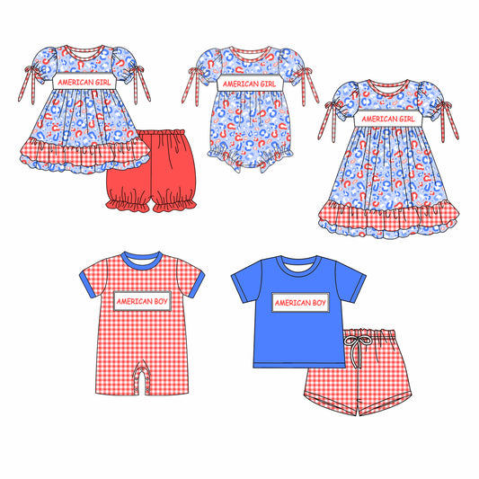 American Boy Girl July 4th Leopard Sibling Dress Romper Clothes Set ( Moq 5 Each style )11.25