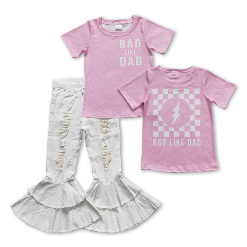 Baby Girl Pink Short Sleeves Dad Checkered Shirt White Bell Denim Pants Outfit