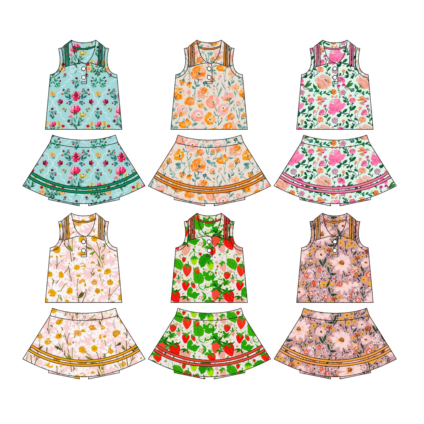 ( Moq 5 Each Style ) Baby Girl Sleeveless Flower Buttons Tops Skorts Sibling Set 3.27