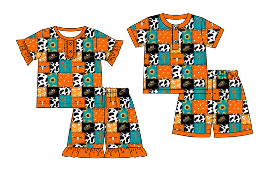 Baby Girl Short Sleeves Cow Flower Sibling Pajamas Set ( Moq 5 Each Style ) 1.3